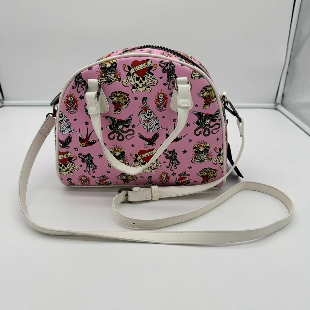 Ed Hardy Tattoo Women’s Skull & Roses Print Pink WeekenderCrossbodyShoulder Bag